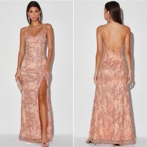 NWT Lulu's Rose Gold Sequin Backless Spaghetti Strap Maxi Dress